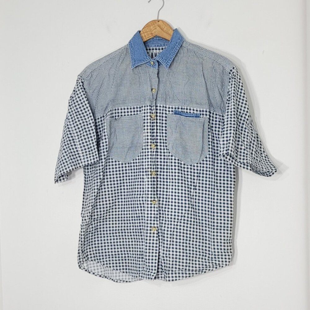 Akny Vintage Jean Blue White Gingham 100% Cotton Short Sleeve Button-Up Shirt L